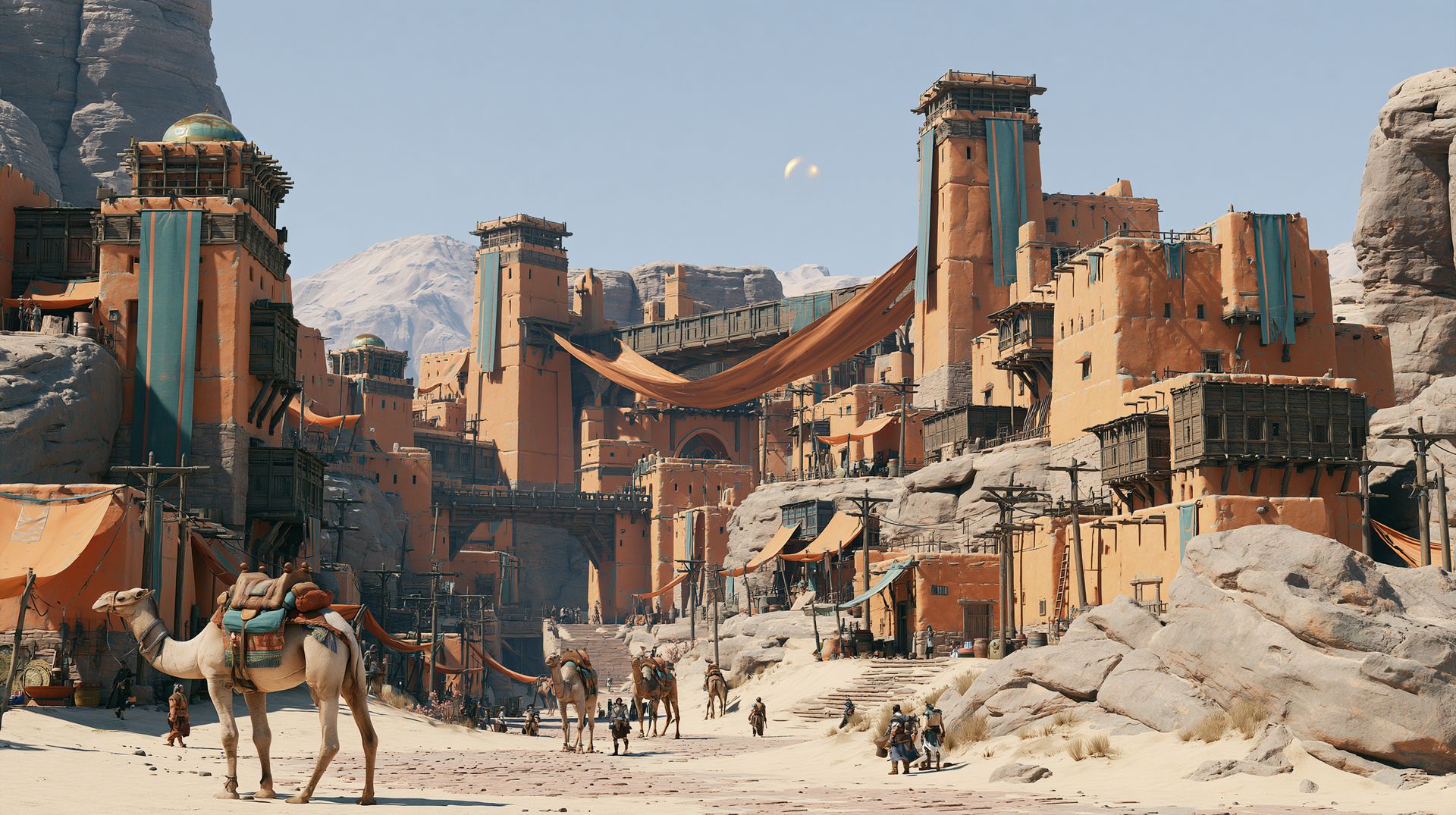 A sweeping, crowded medieval-adjacent fantasy city