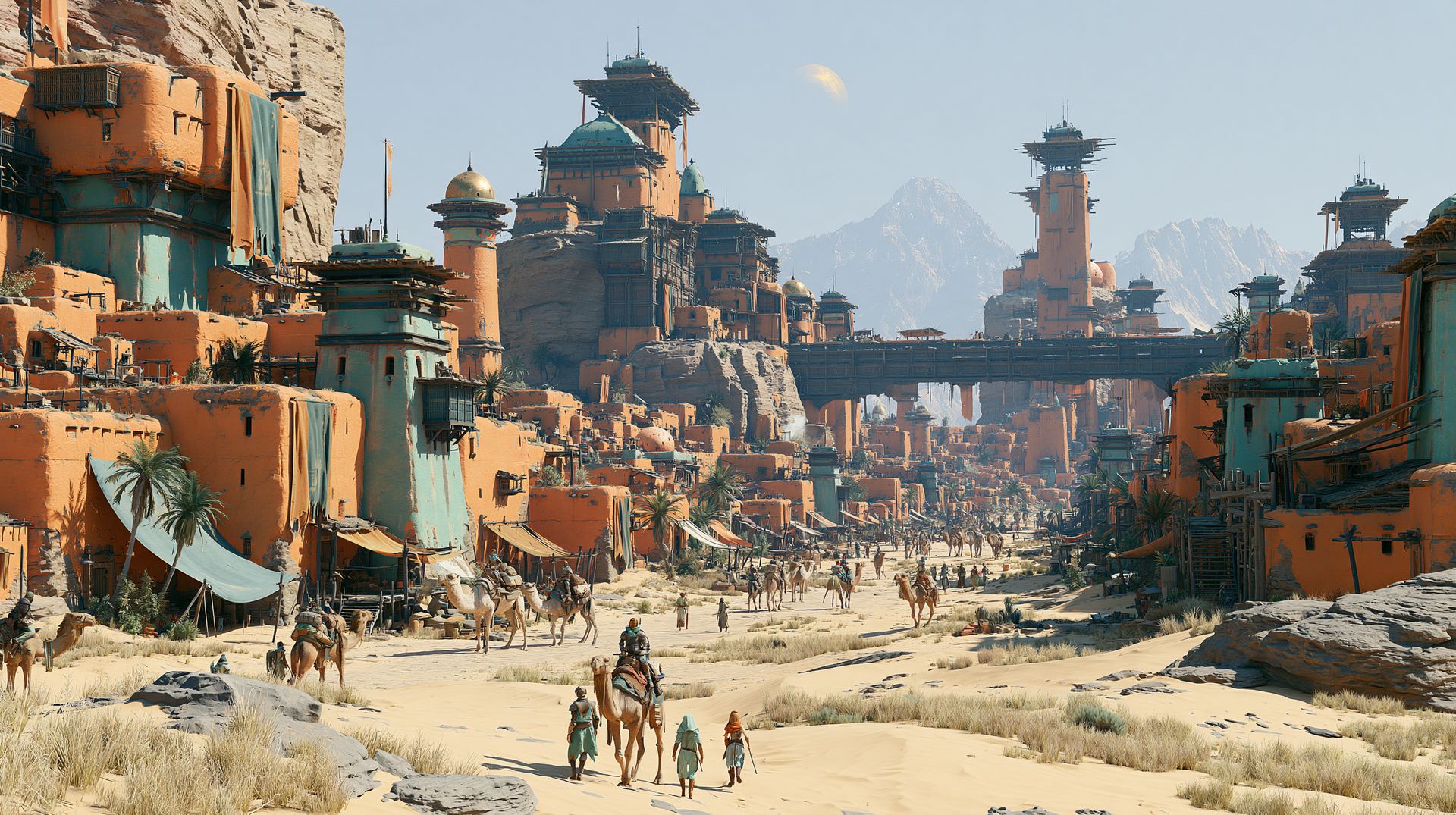 A sweeping, crowded medieval-adjacent fantasy city