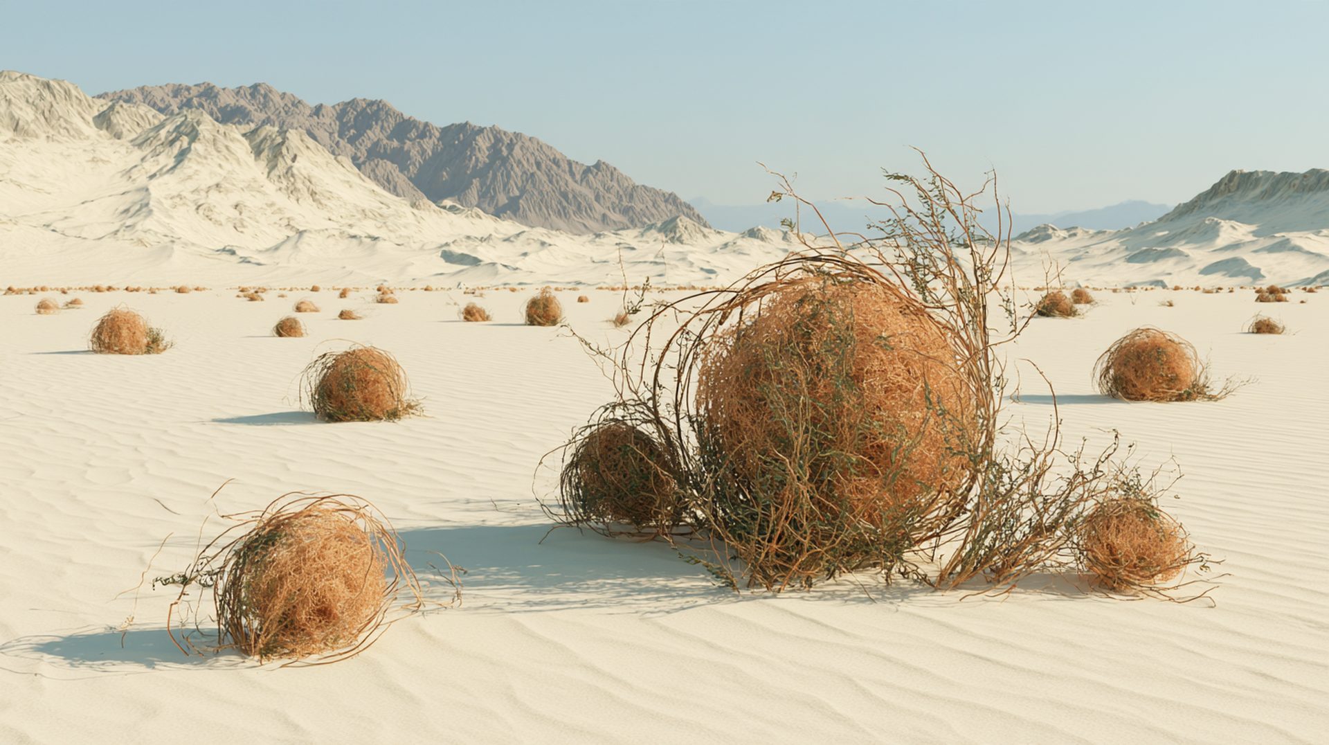 An empty desert of pale sand, tumbleweeds rolling on the wind