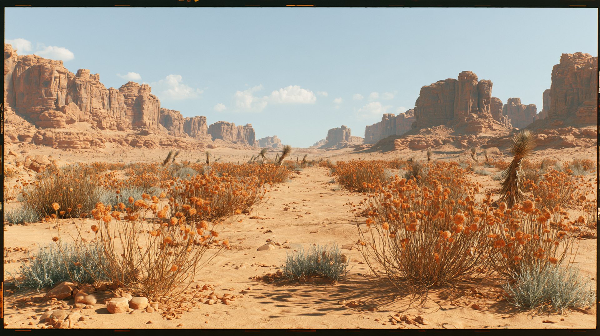 A dry track through flowering desert scrub between red-rock mesas