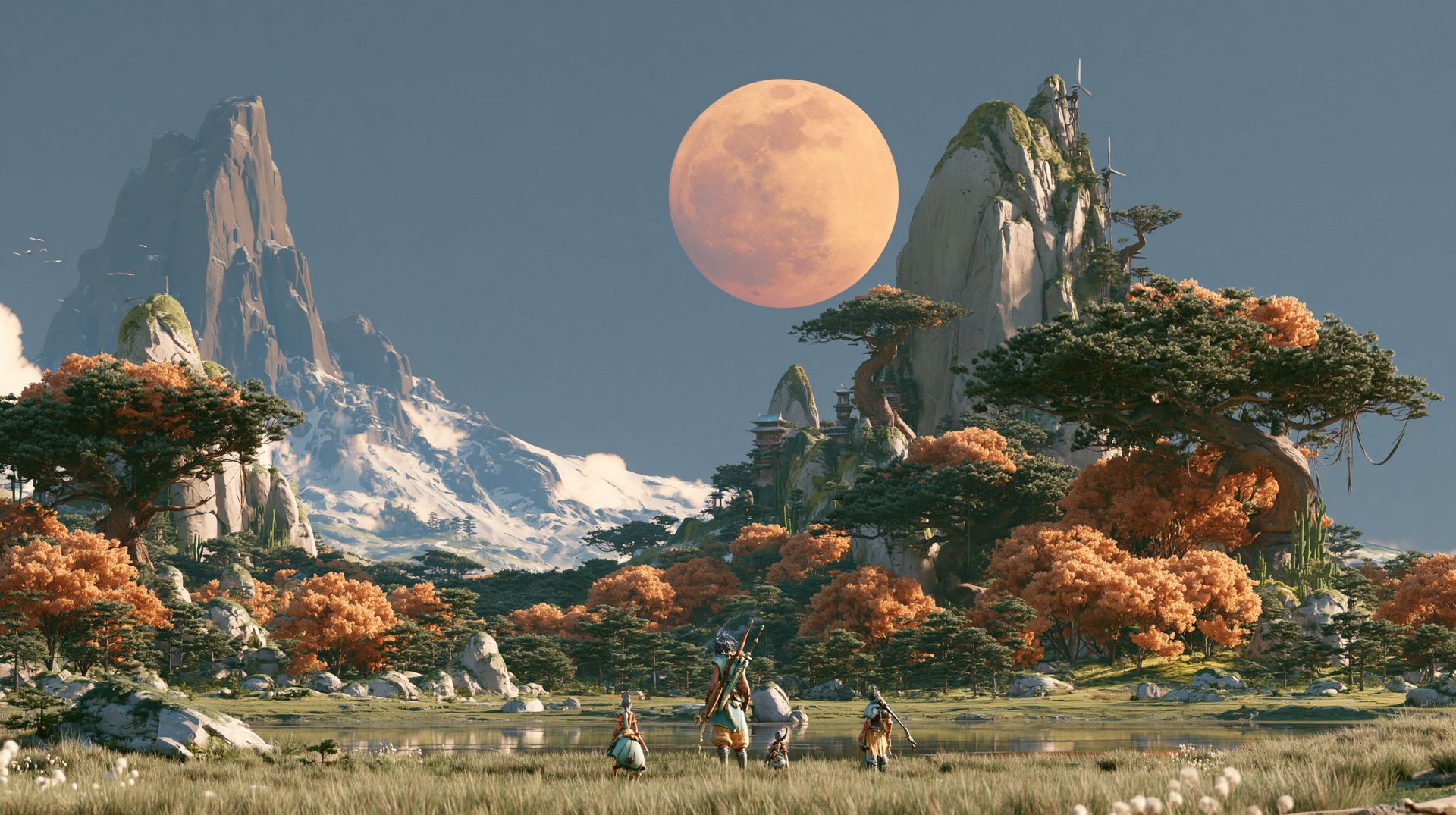 A sweeping forest landscape with mountains in the distance