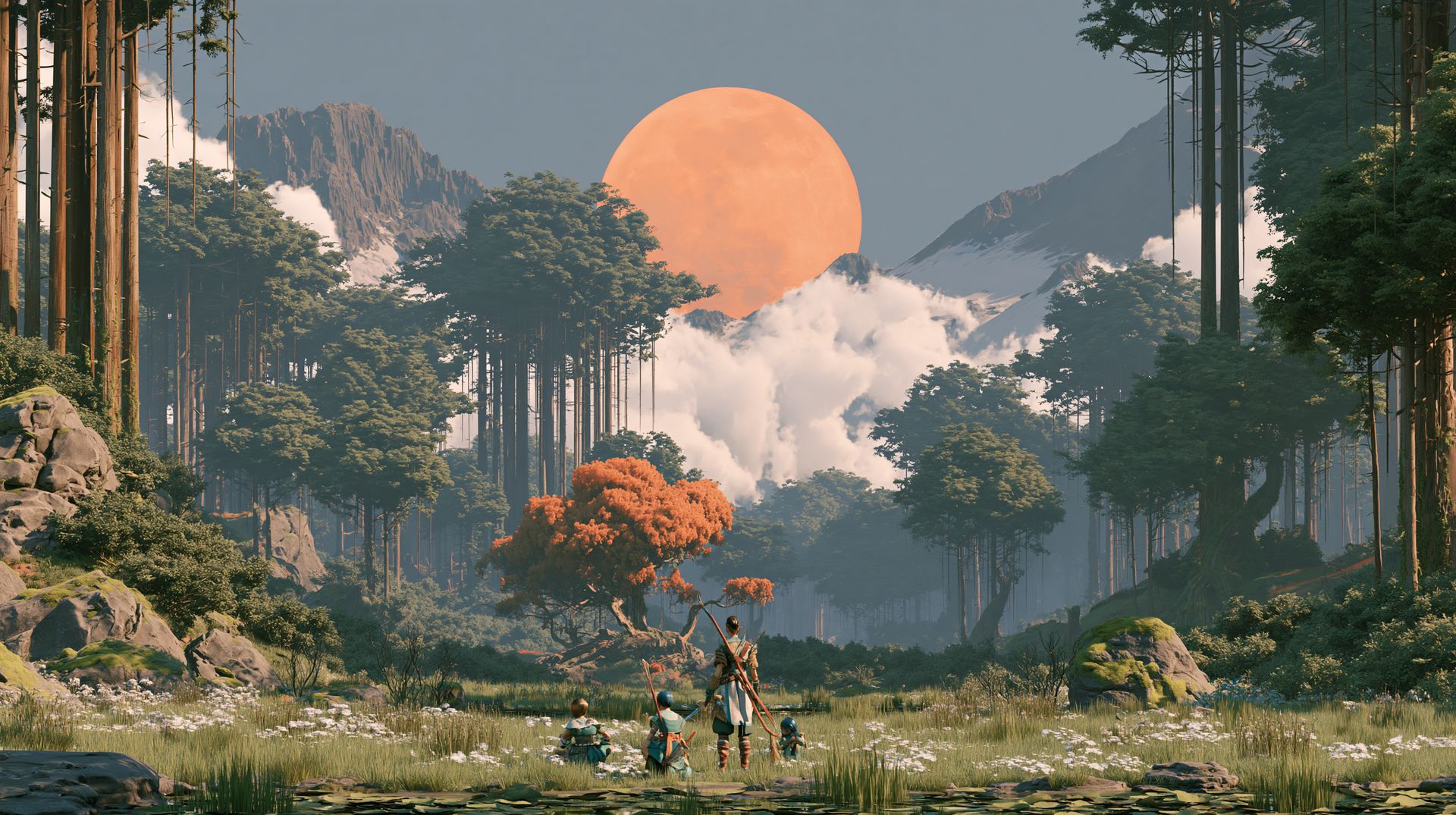 A sweeping forest landscape with mountains in the distance