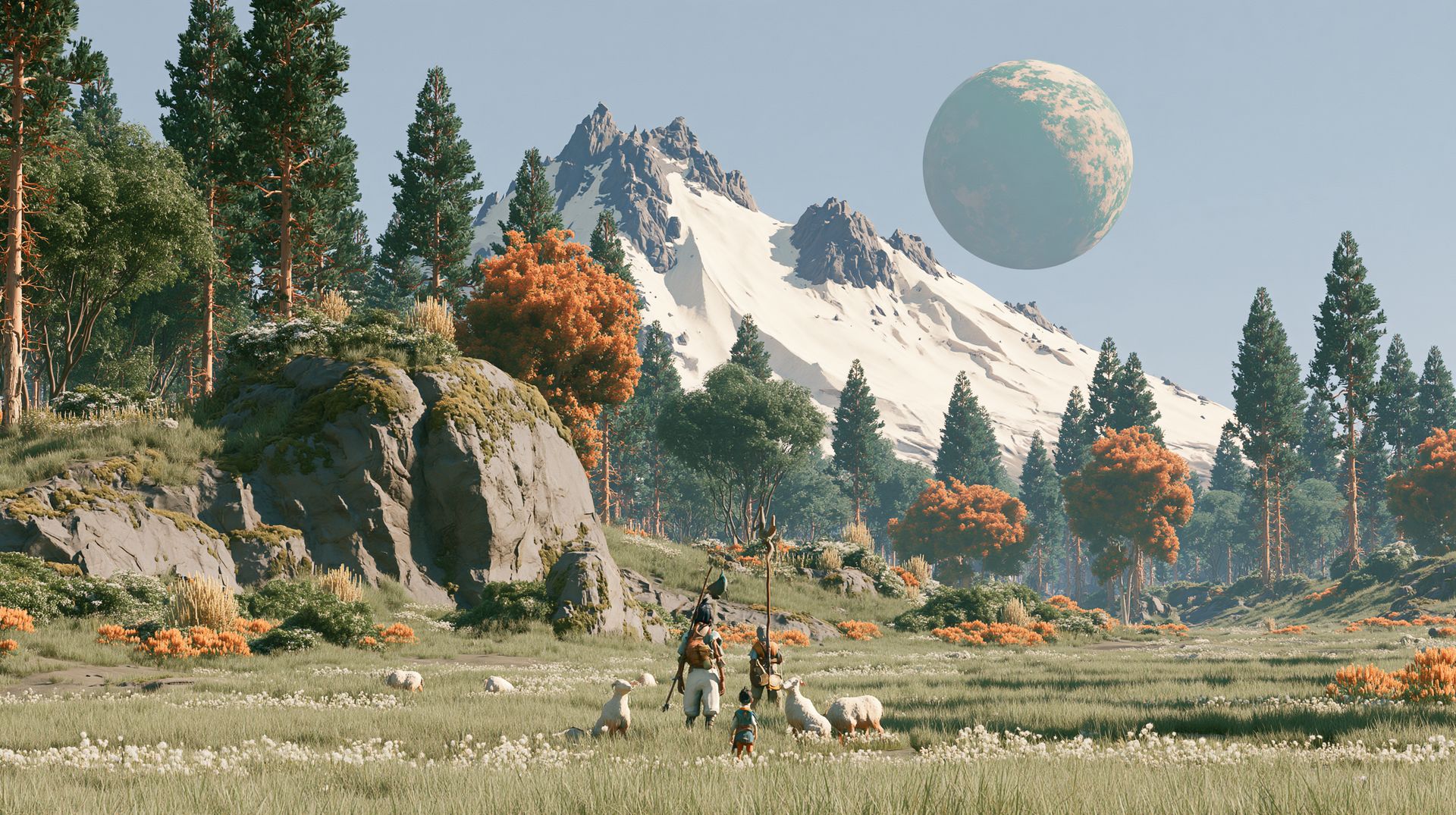 A sweeping mid-spring forest landscape with mountains beyond