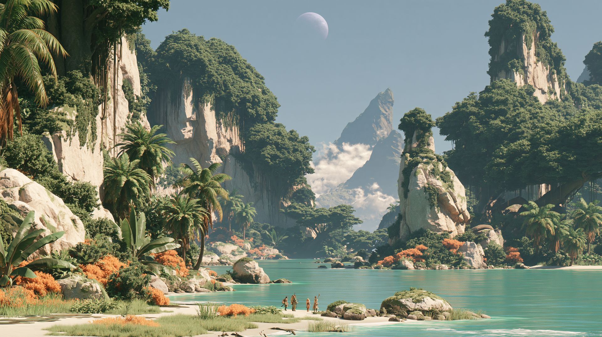 A sweeping jungle landscape at the edge of the ocean