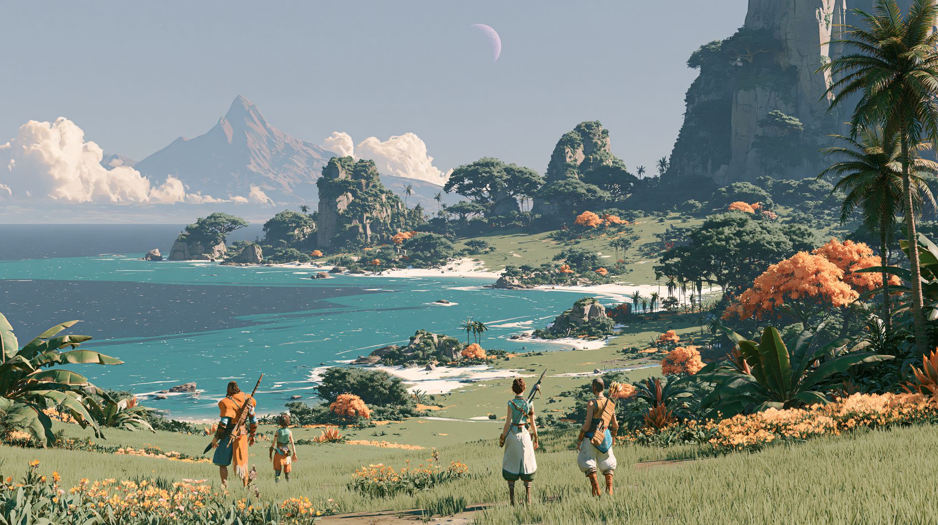 A sweeping jungle landscape at the edge of the ocean