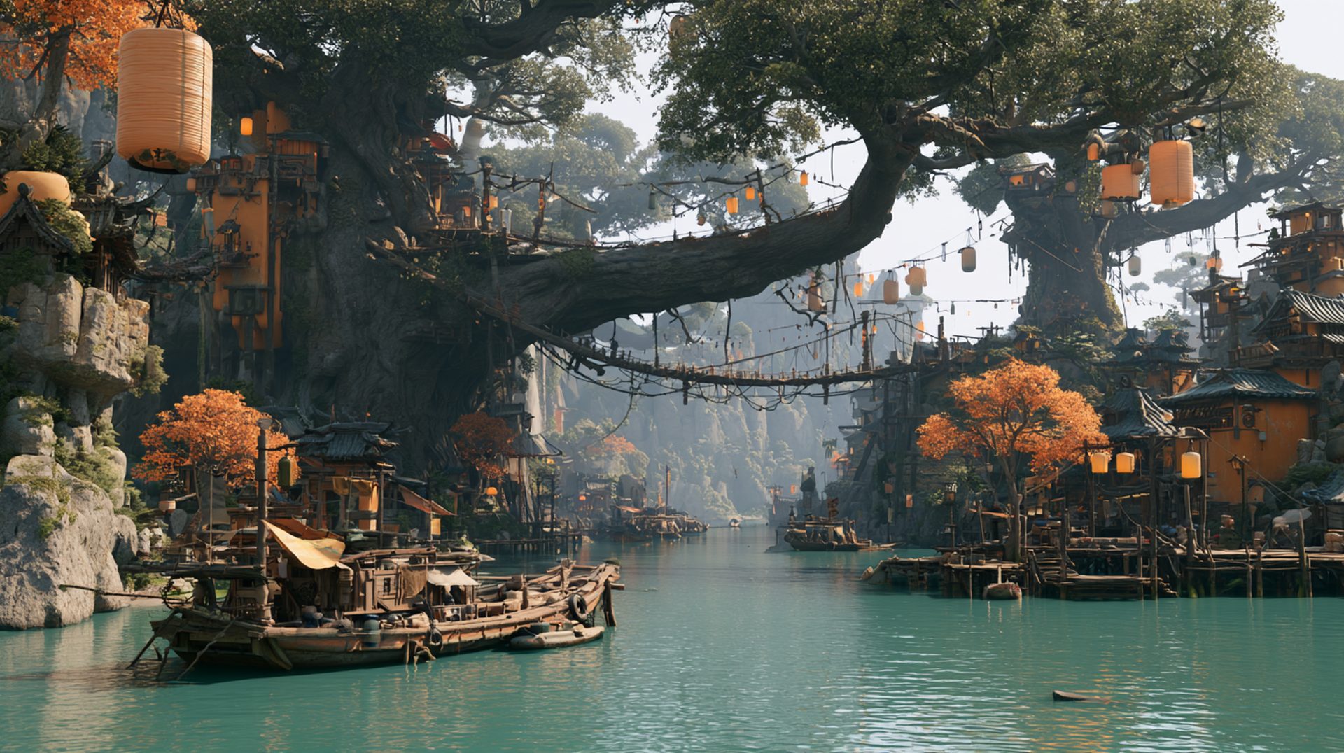 A river village strung with lanterns beneath a great tree, boats on the water