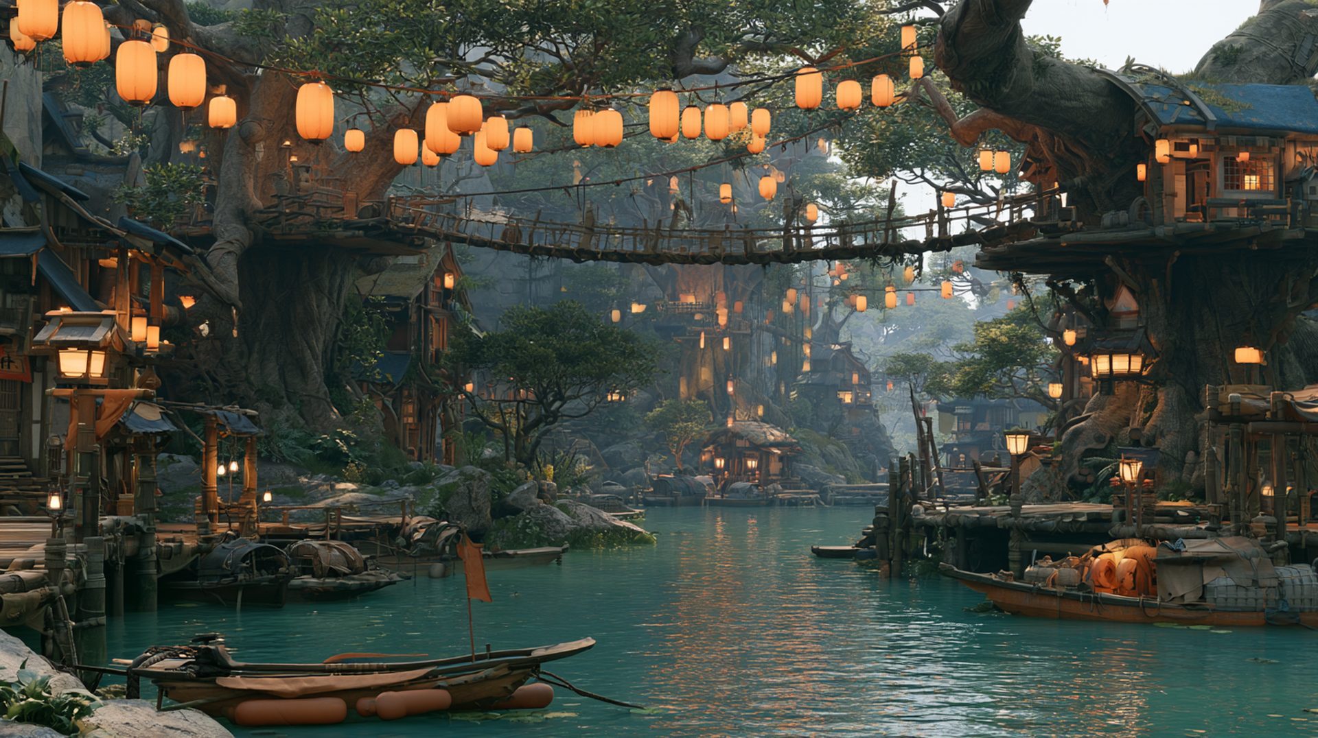 A river village of tree bridges and lanterns, boats moored below