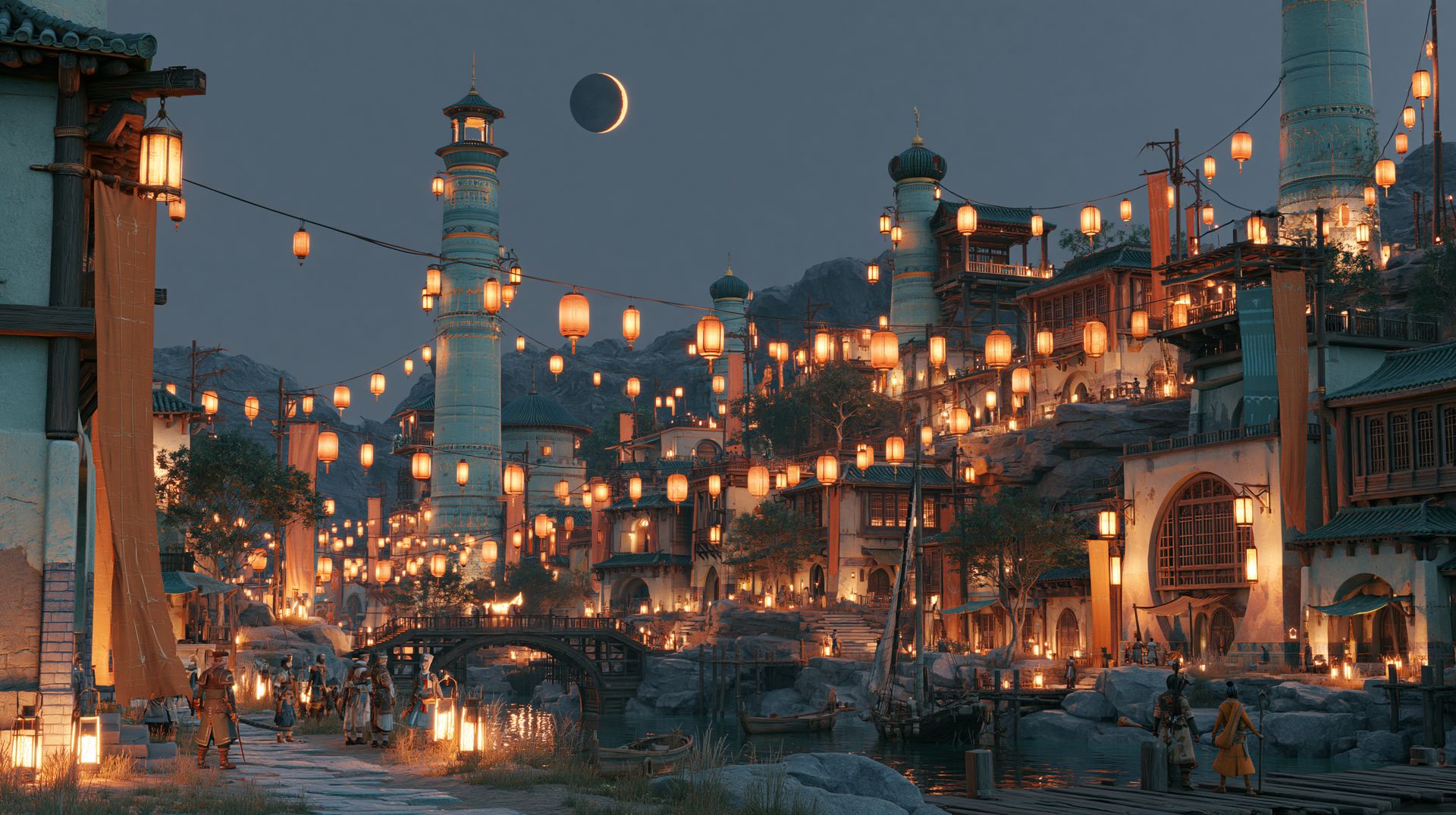 A sweeping, crowded medieval-adjacent fantasy city