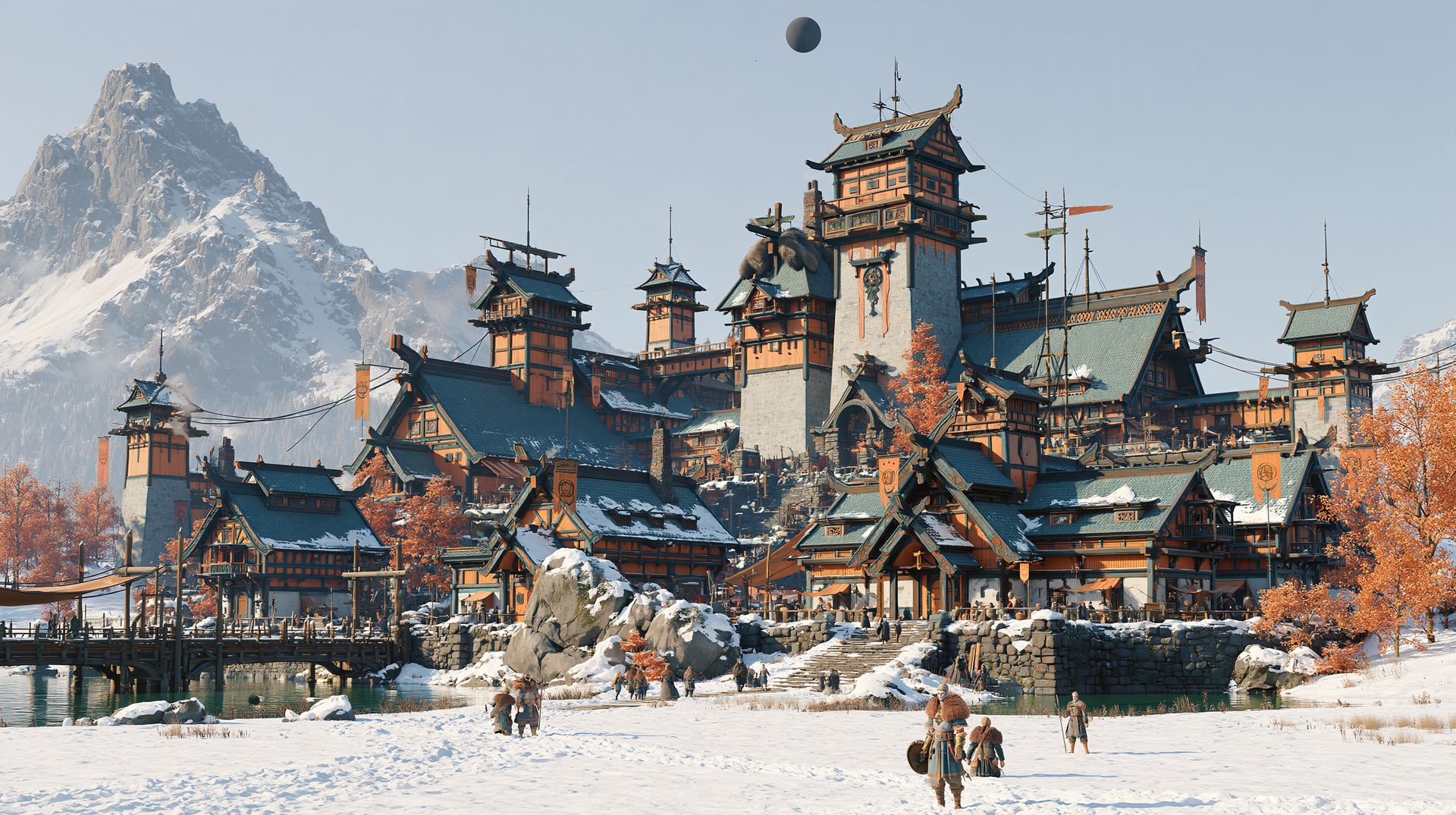 A sweeping, crowded Viking-inspired fantasy city