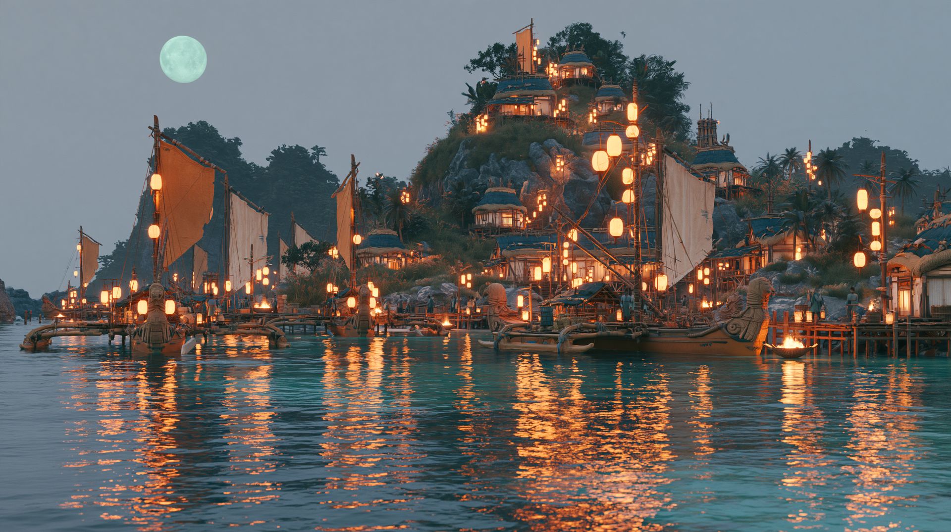 Puketai at dusk in the Threnis phase, lanterns on the water