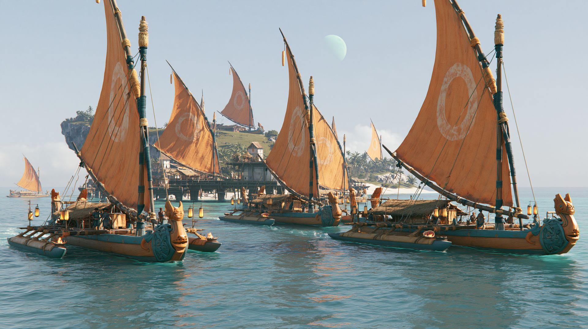 Outriggers under orange sails off Puketai