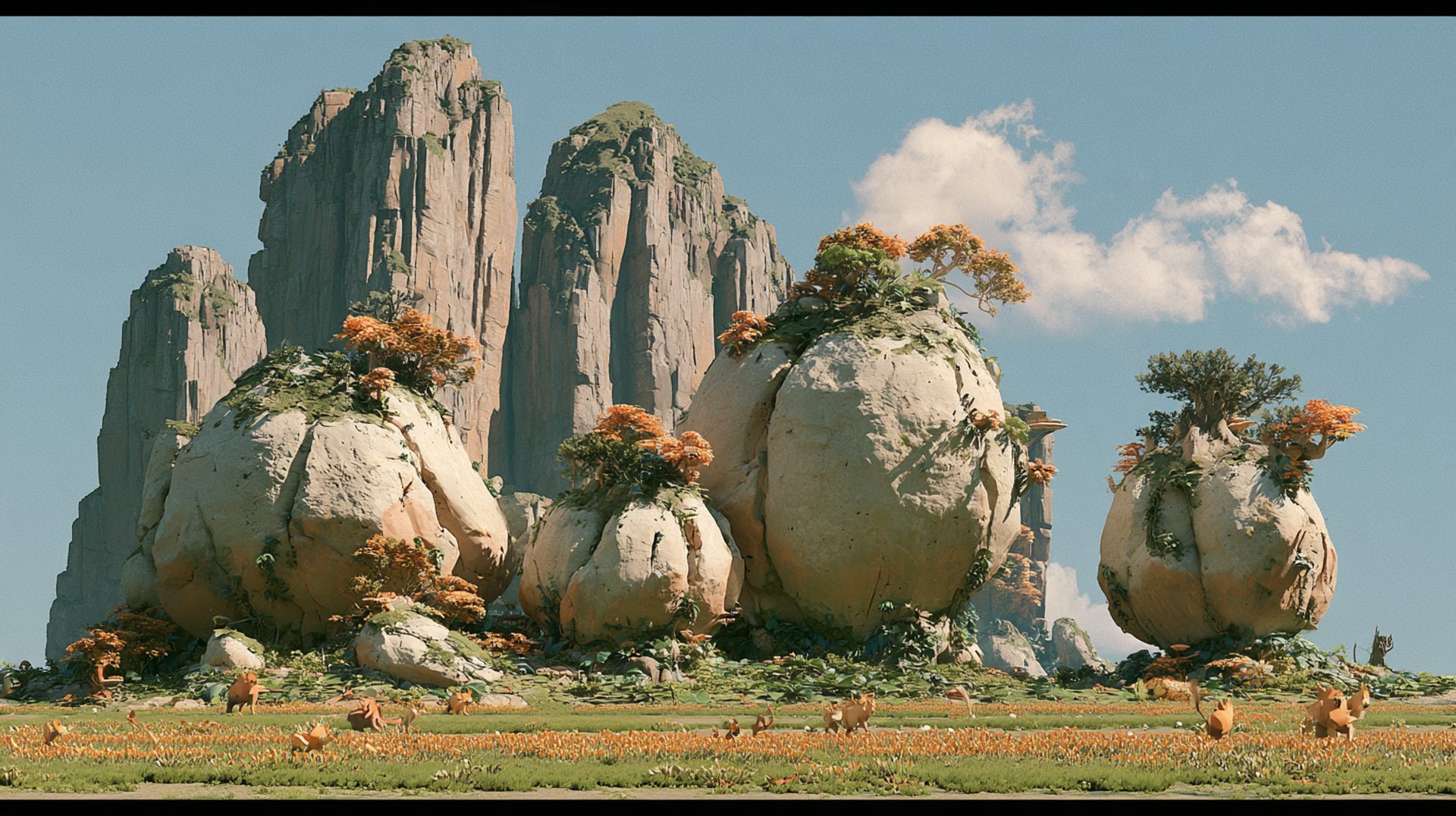 Bulb-shaped stones rising from grassland below sheer mountains