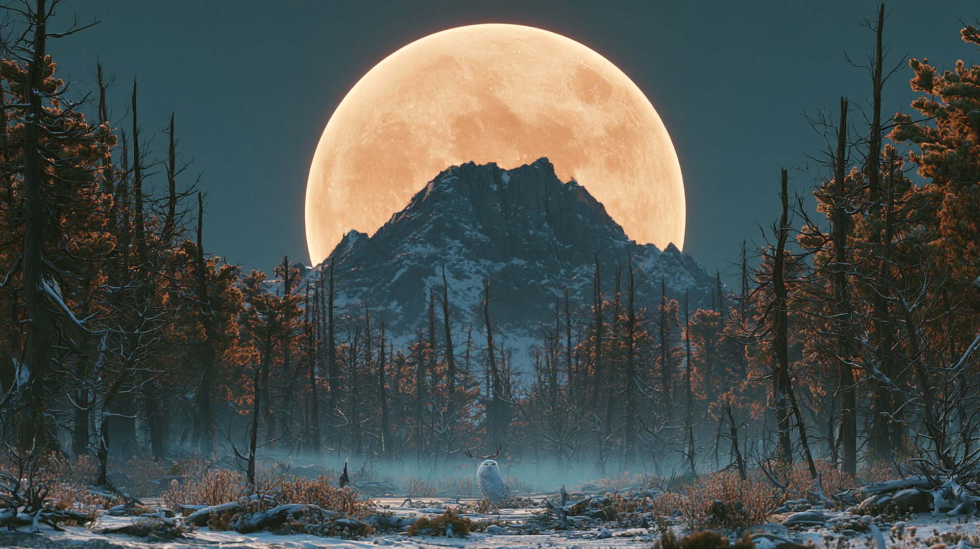 A great moon rising over the winter taiga