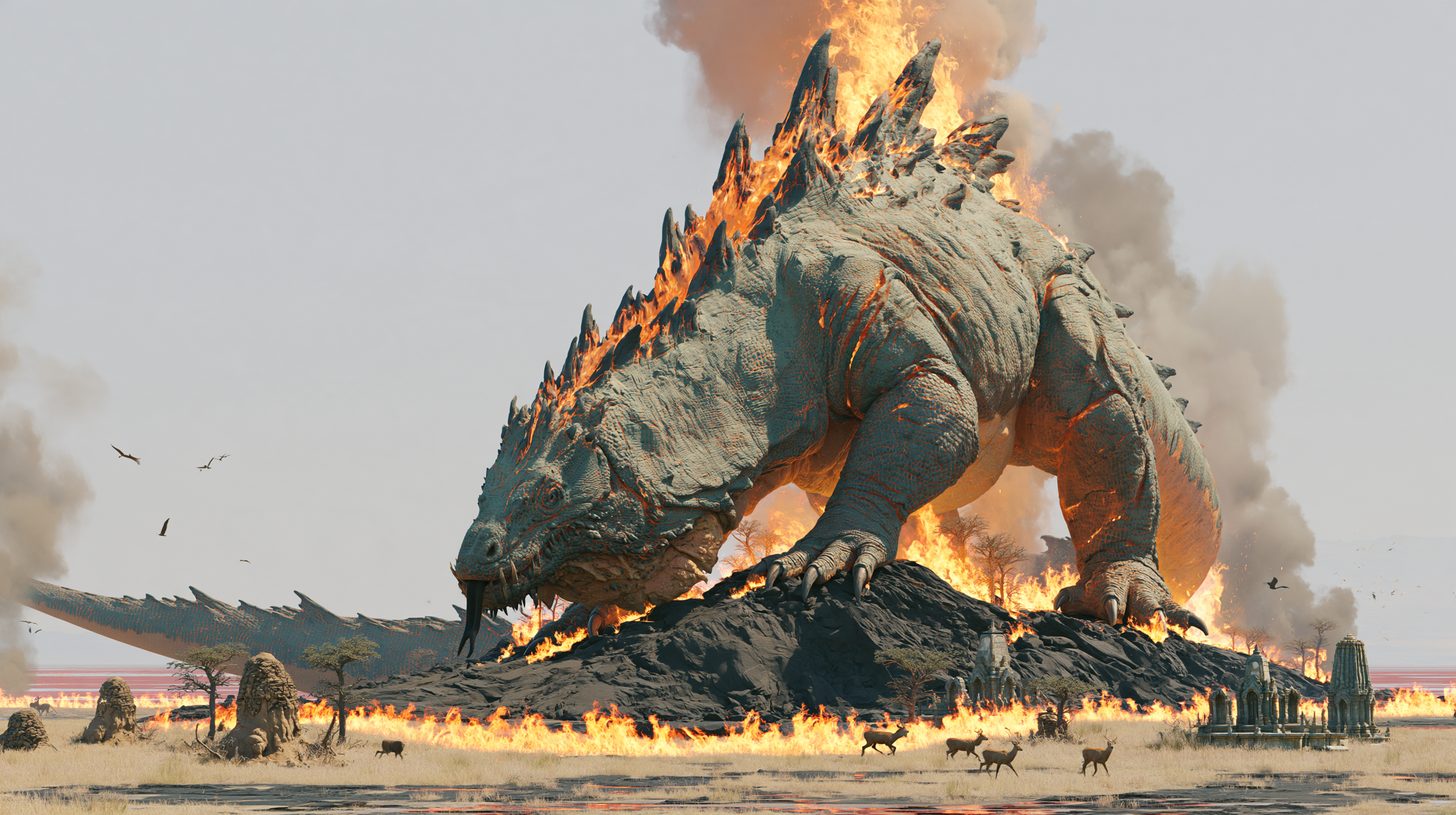 Grand Beast — a volcanic colossus burning across the savanna
