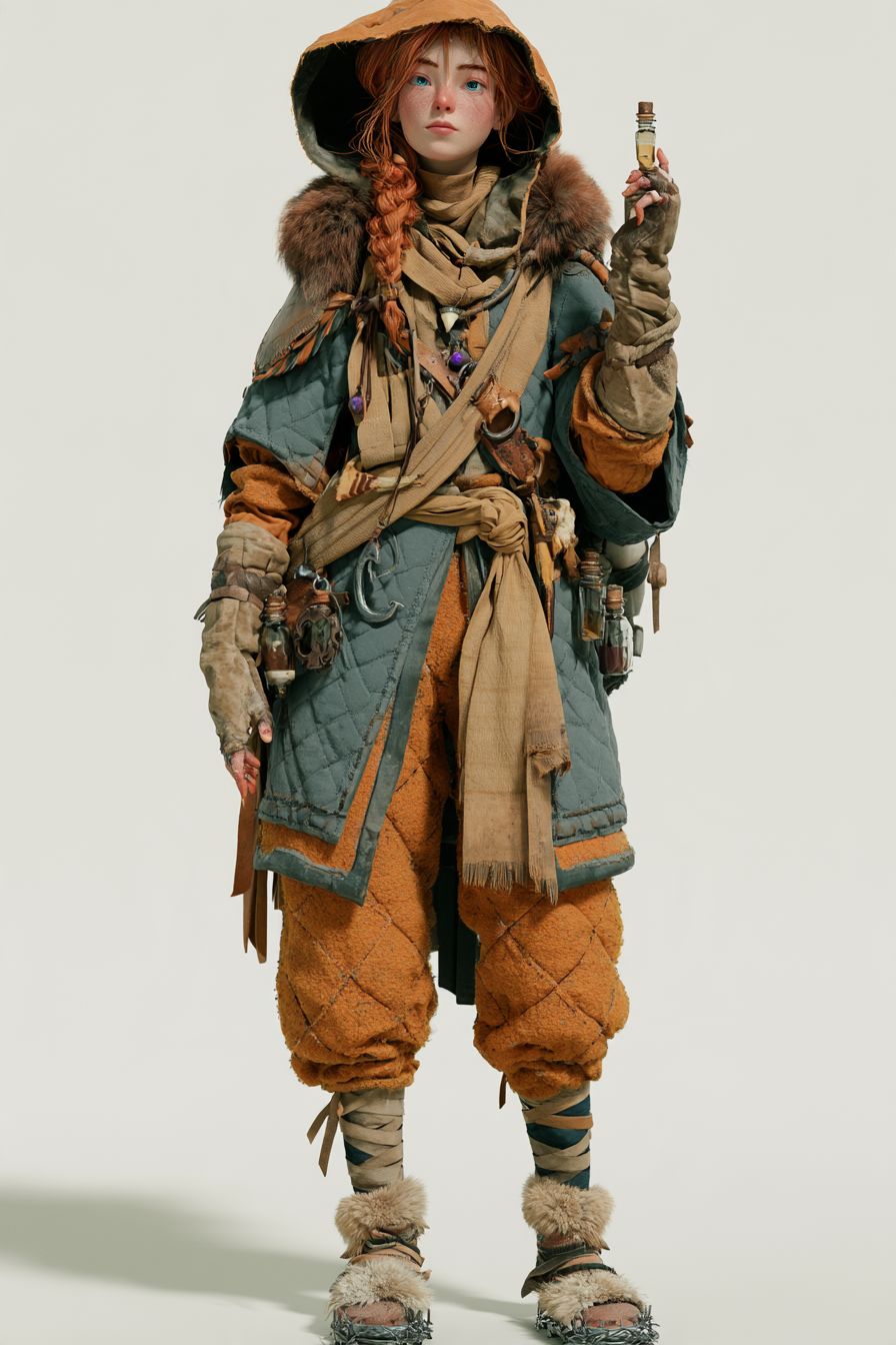 A Menneske alchemist in winter furs, vial in hand