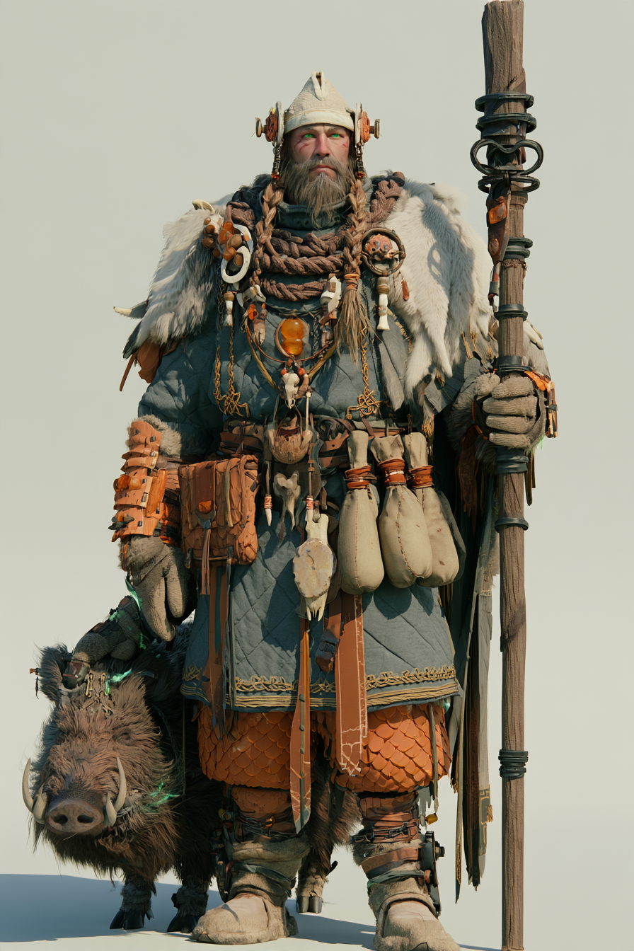 A Menneske hunter in helm and fur mantle, a boar's head at his belt