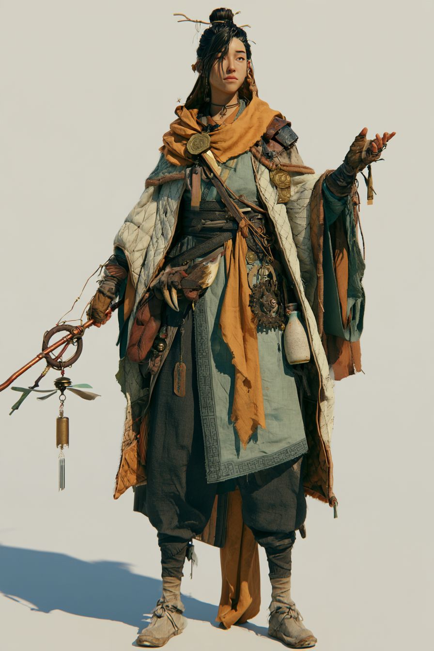 A young Renlei practitioner hung with charms