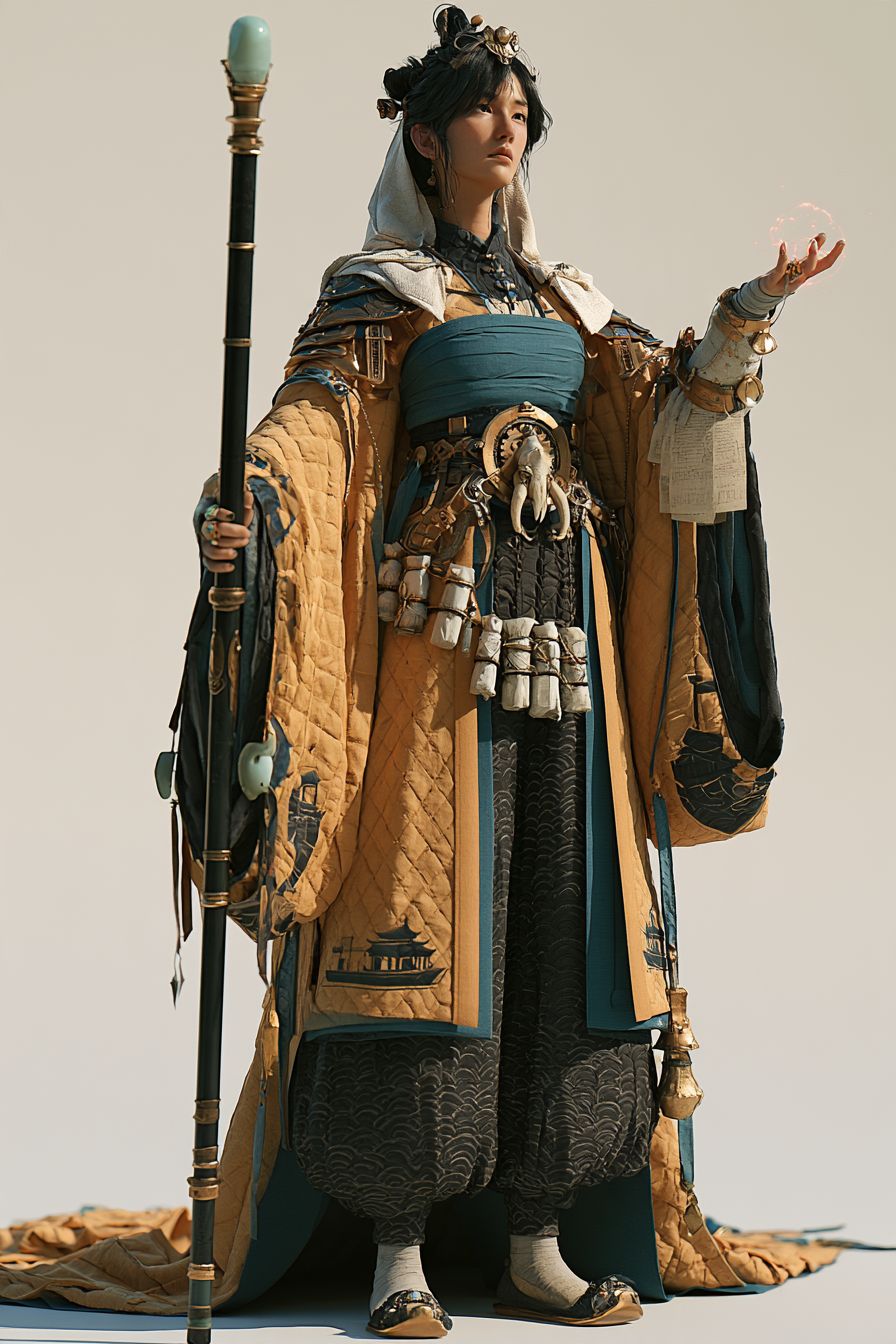 A Renlei priestess in gold-worked robes with a staff
