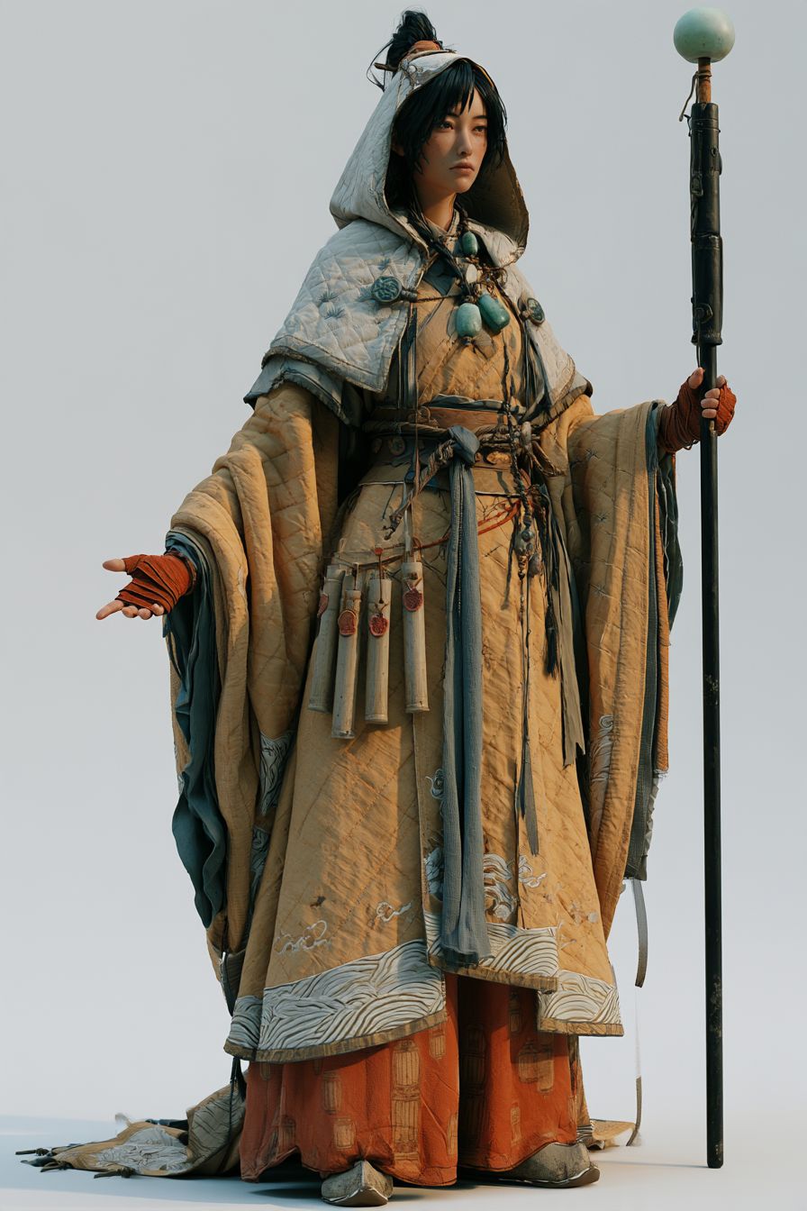 A Renlei mage in a white hood with an orb-topped staff