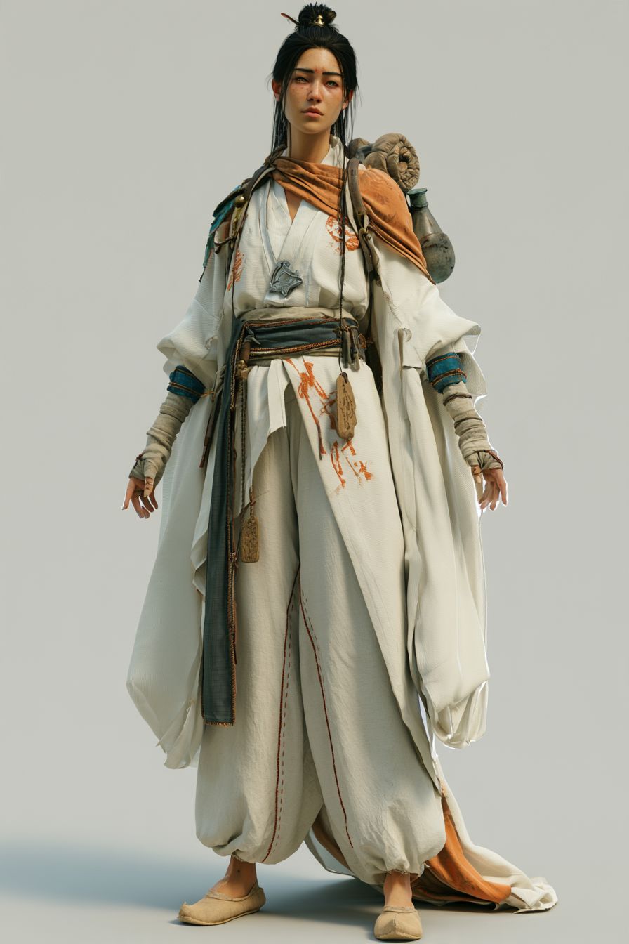 A Renlei traveler in white robes with a pack