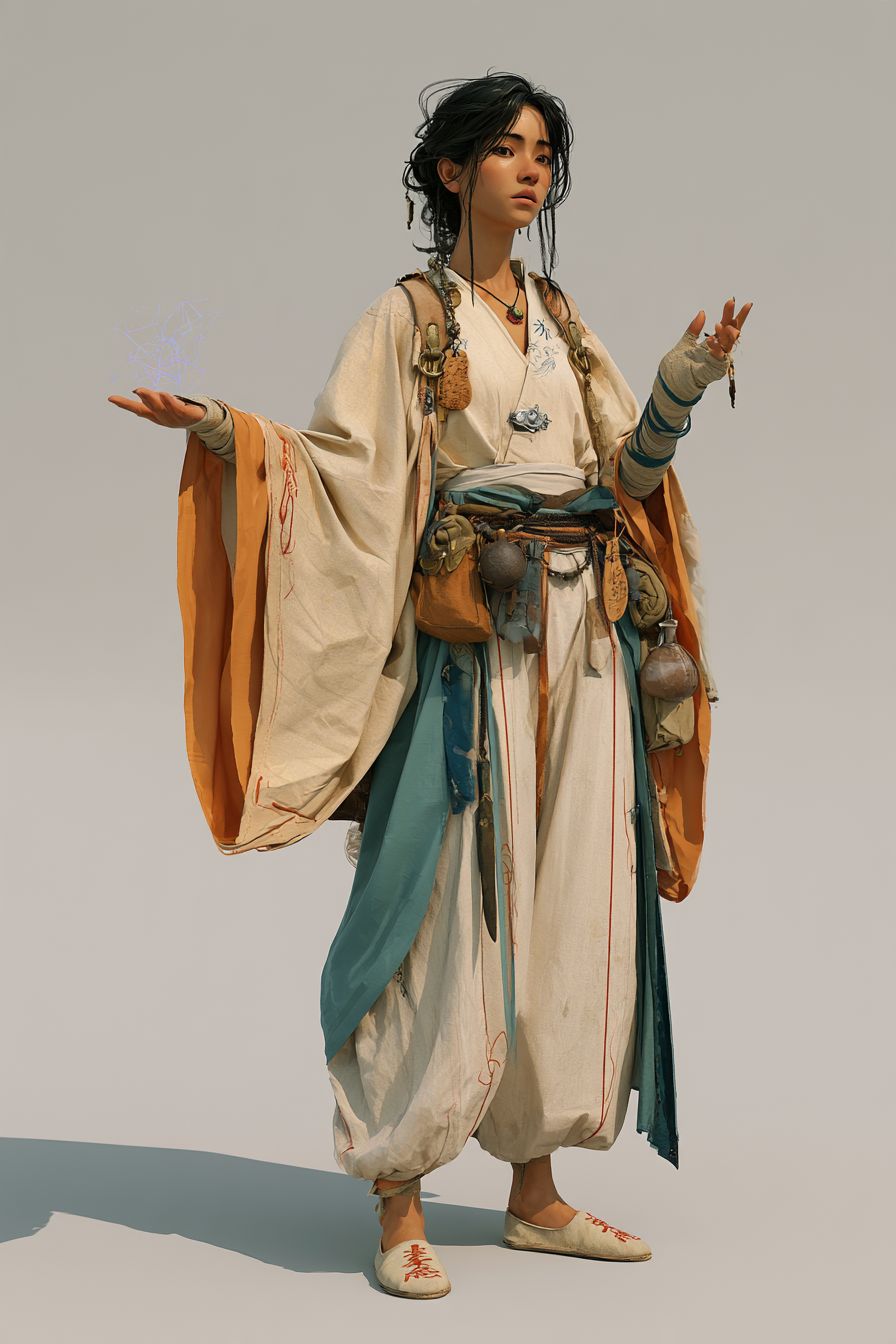 A Renlei caster in pale robes, mid-working