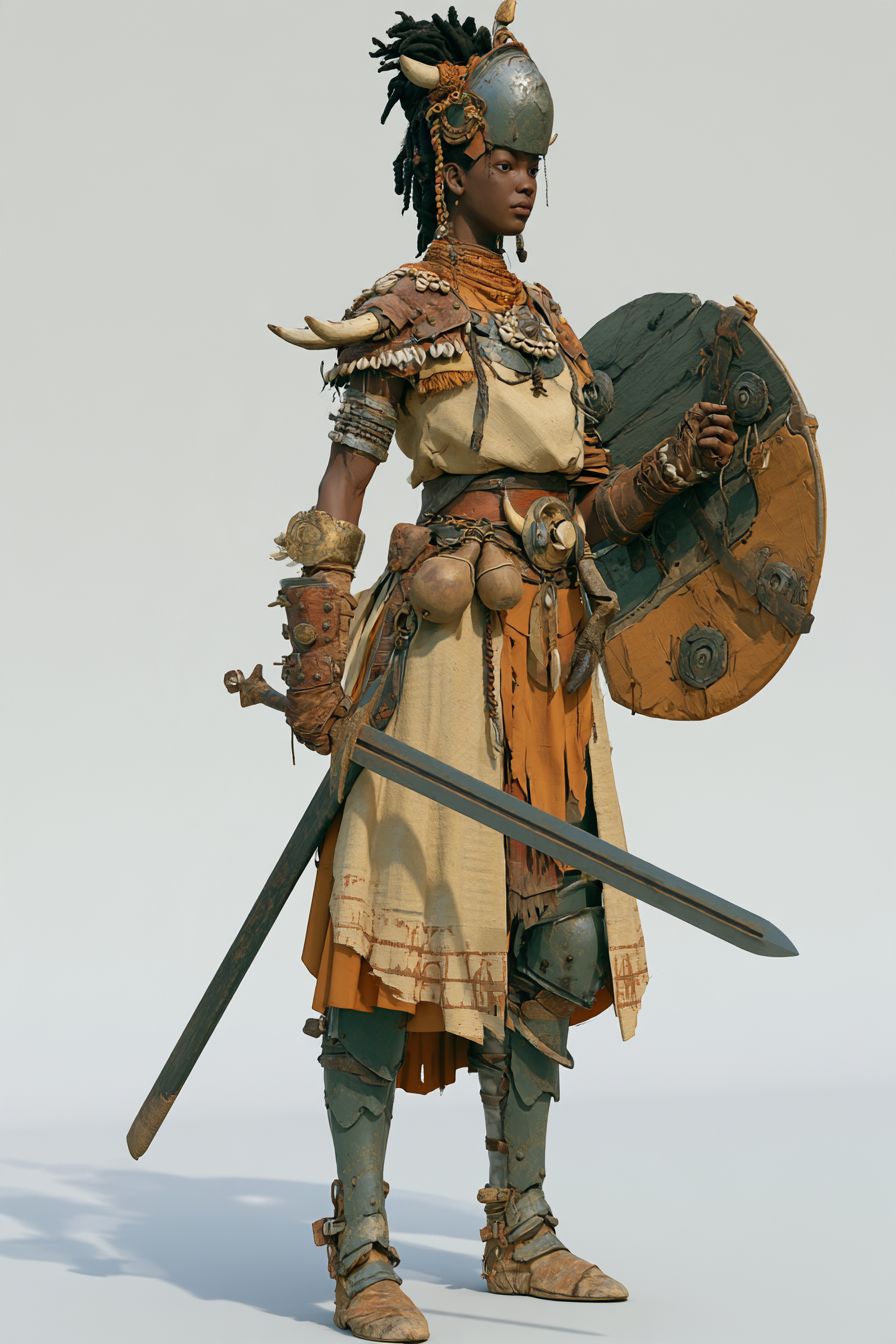 An Umutu warrior with sword and round shield