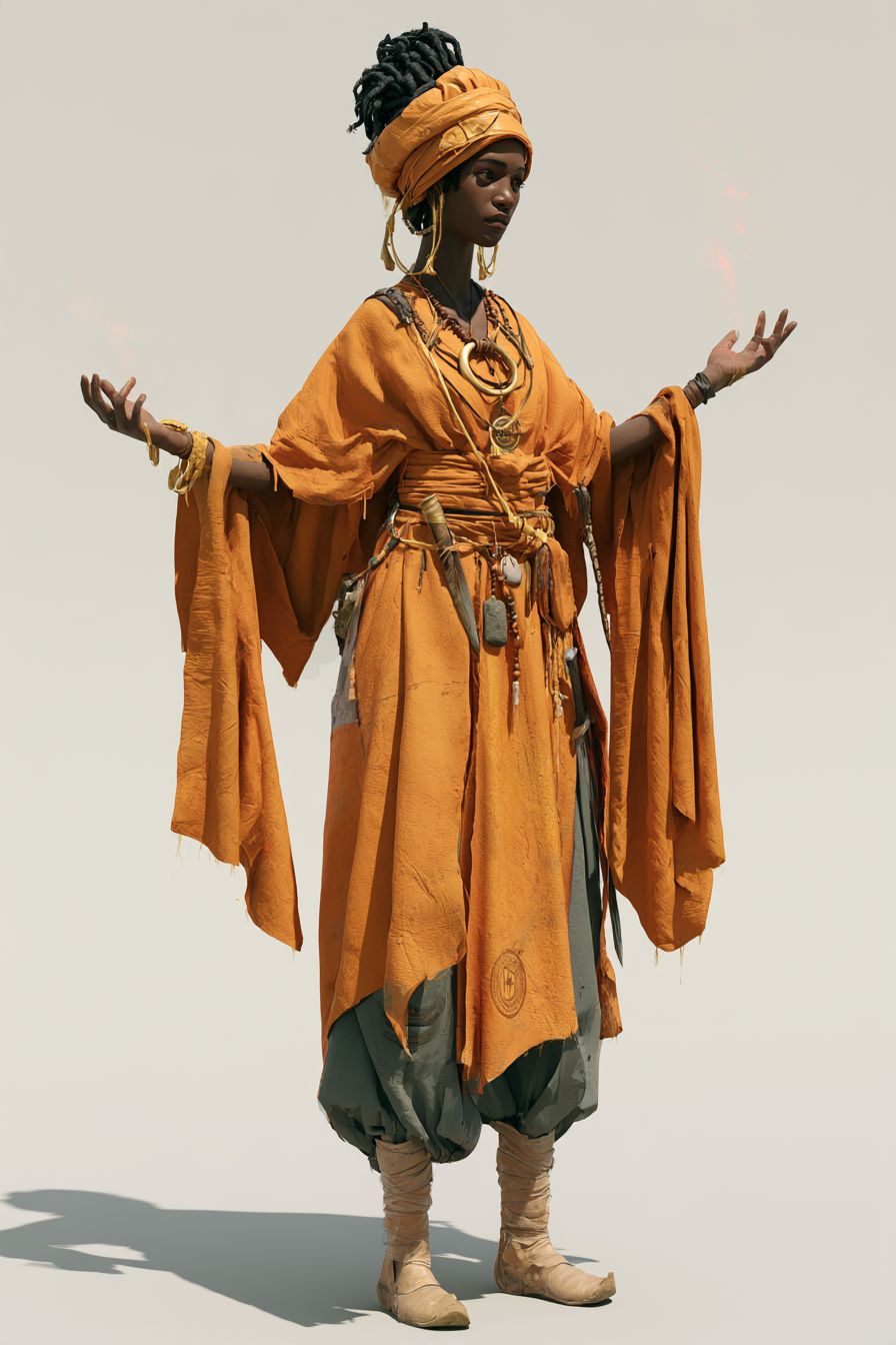 An Umutu caster in flowing orange robes