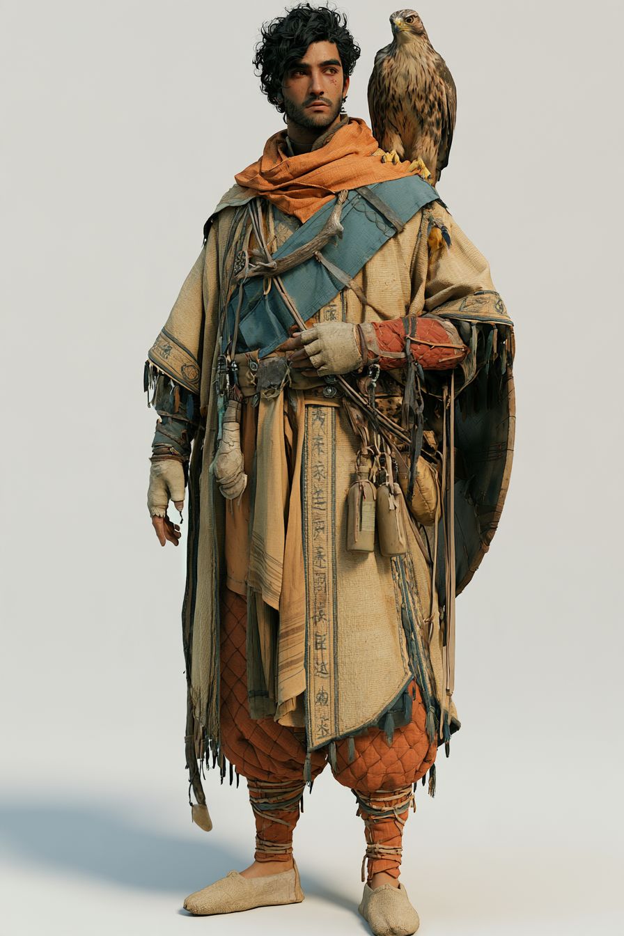 An Unsaan falconer in desert travel dress