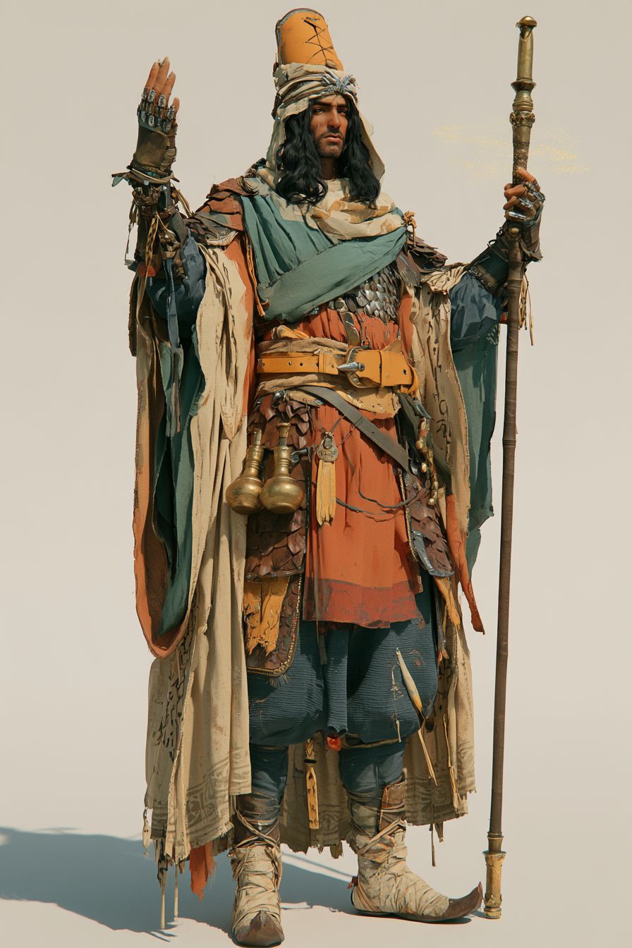 An Unsaan elder in layered robes with a staff