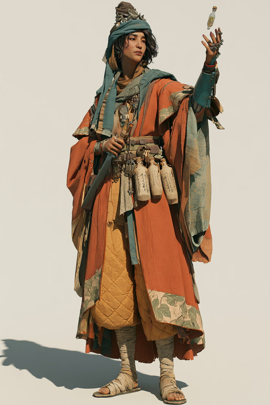 An Unsaan apothecarist in layered robes, vials hung at the belt