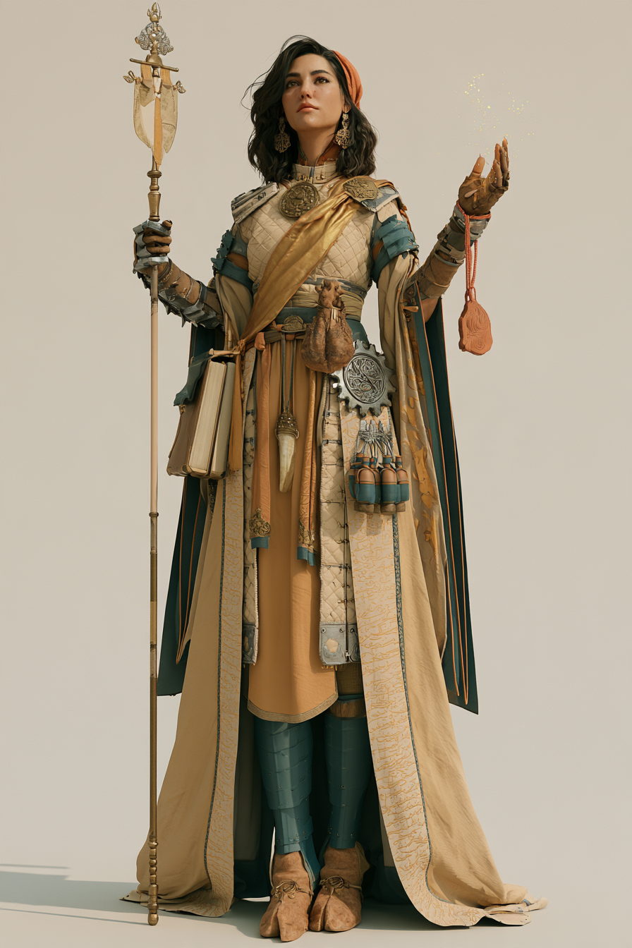 An Unsaan practitioner in brocade robes, staff in hand
