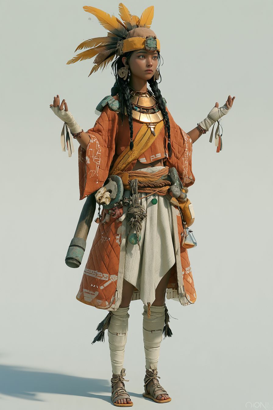 A Yamana woman in a feathered headdress