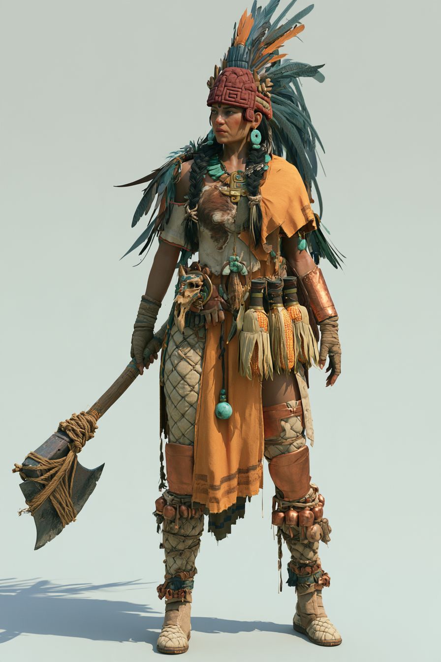 A Yamana warrior in a feather crest with an axe