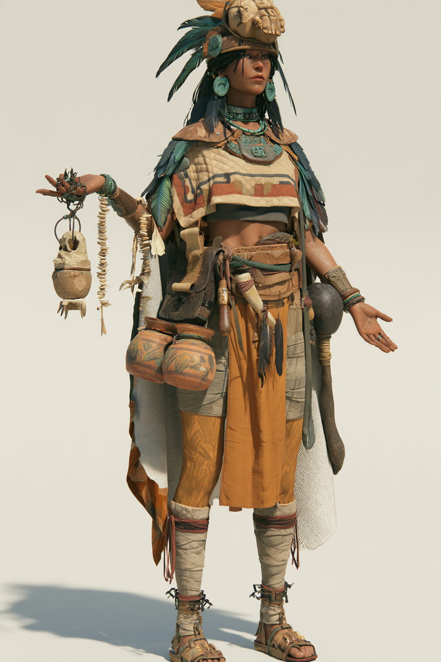A Yamana ritualist in a plumed headdress, censer in hand