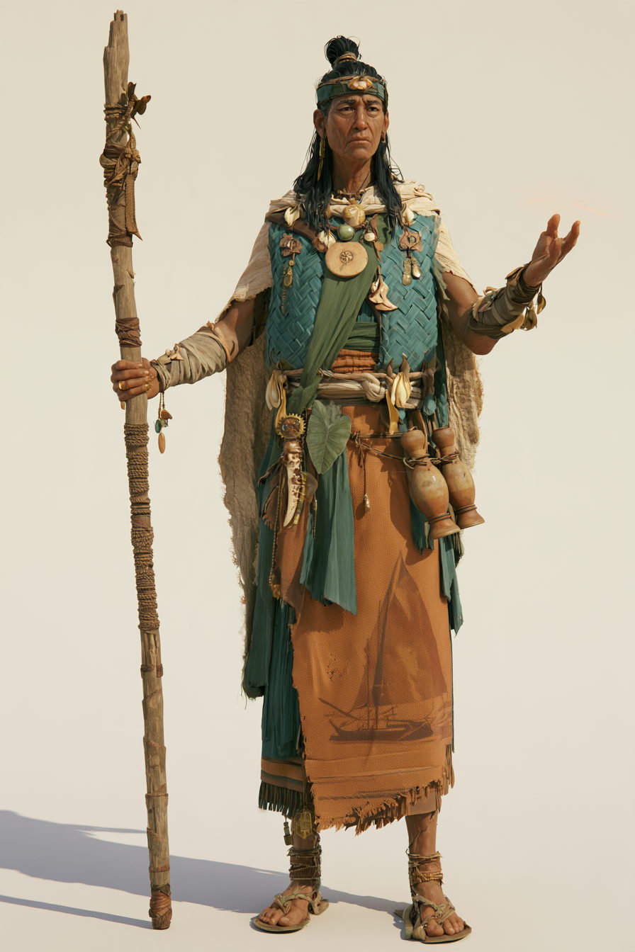 A Yamana elder with a tall staff and gourd flasks