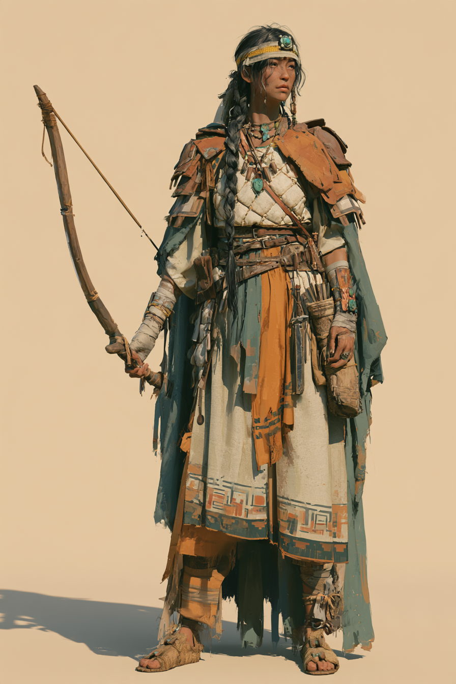A Yamana archer in patterned cloth, bow in hand