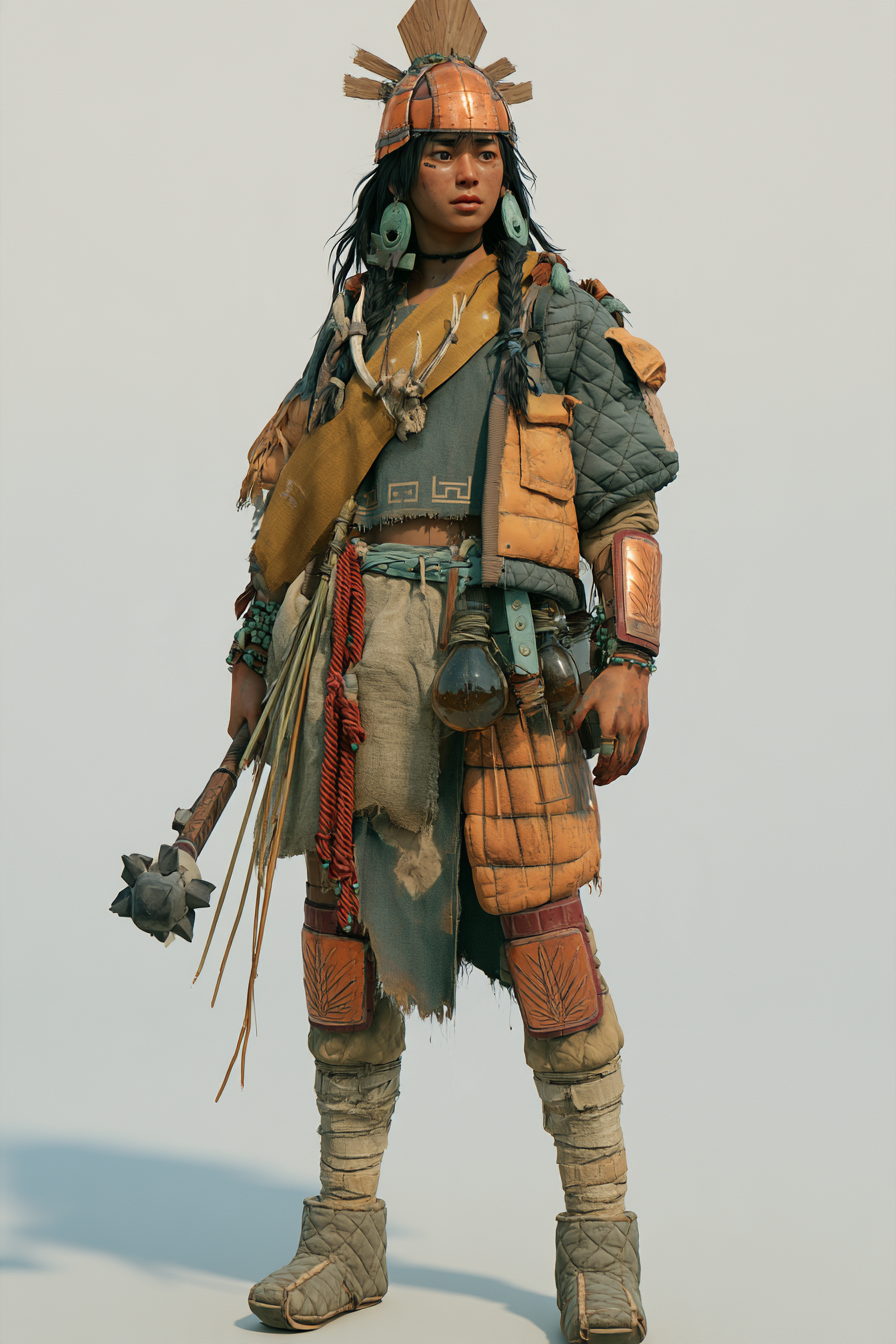 A Yamana warrior in quilted armor with a sun-disc crest